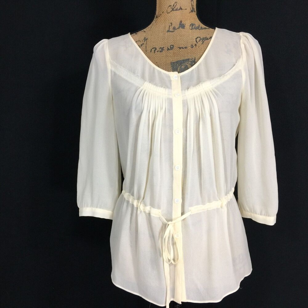 J.Crew‎ Top 4 Ivory Sheer 100% Silk Chiffon Pleat Drawstring Peasant Blouse